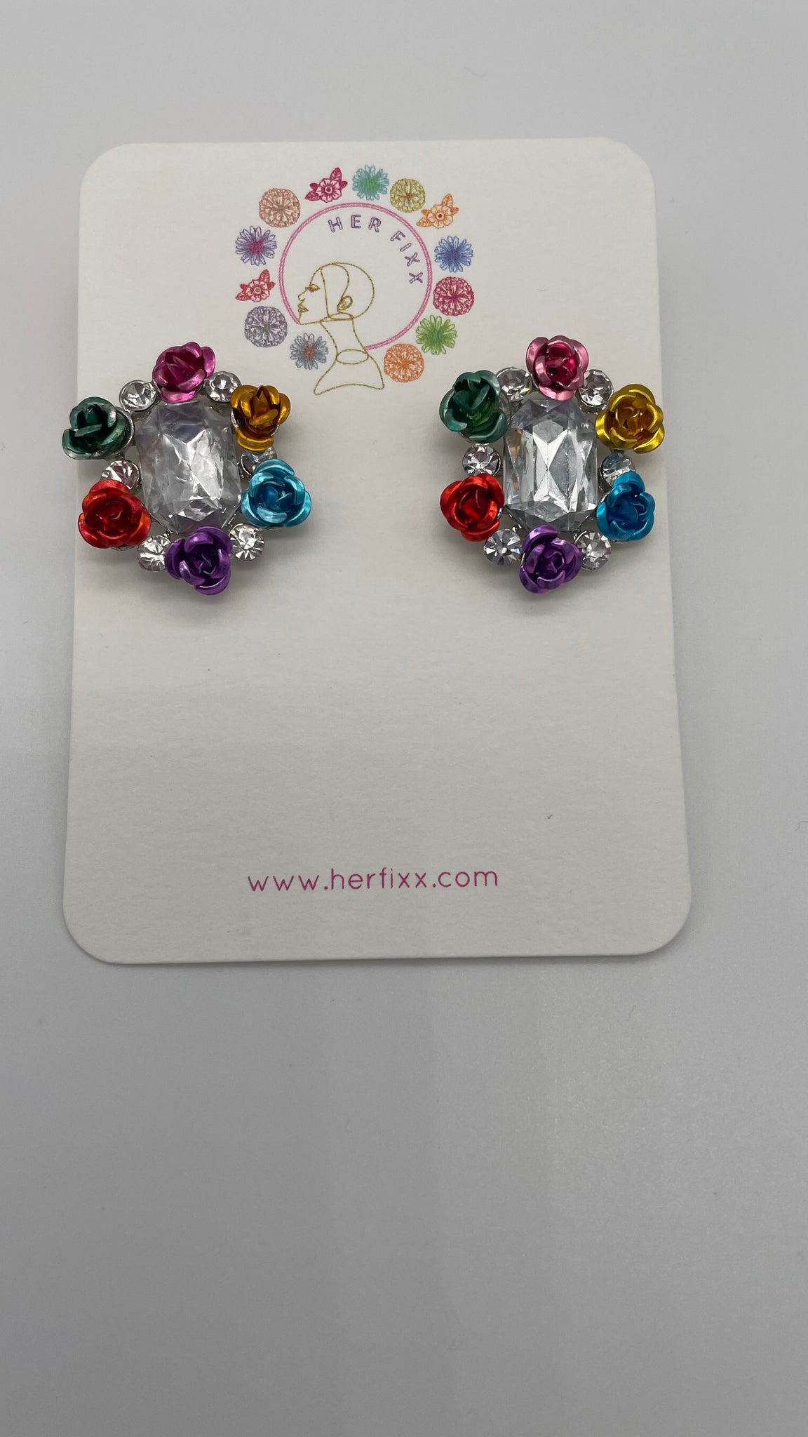 Give Me My Flowers- Silver Gemstone Post Earring with Multicolored Rose Accents