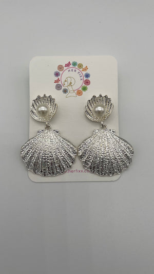 Life's a Beach- Gold or Silver Seashell Hanging Post Earring with Pearl Accent